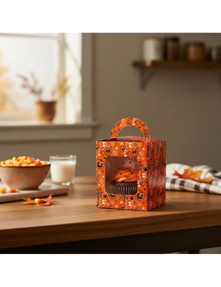Caja Para Cupcakes Individuales Halloween Naranja