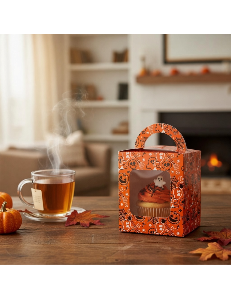 Caja Para Cupcakes Individuales Halloween Naranja
