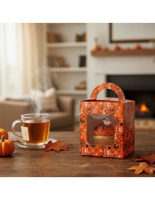 Caja Para Cupcakes Individuales Halloween Naranja