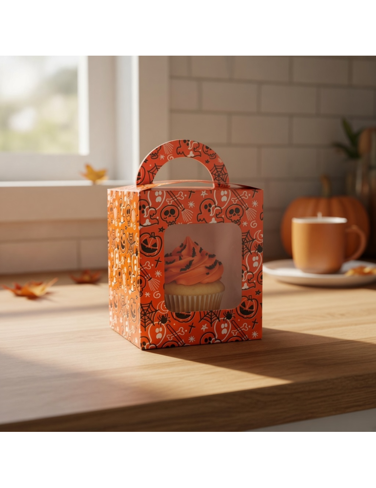 Caja Para Cupcakes Individuales Halloween Naranja