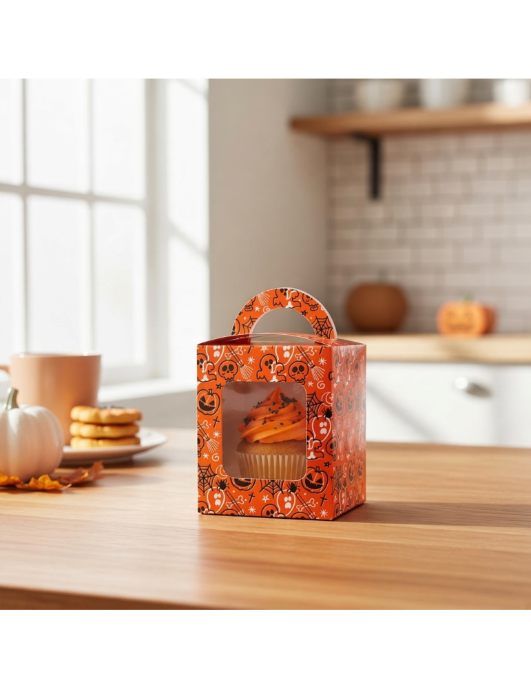 Caja Para Cupcakes Individuales Halloween Naranja