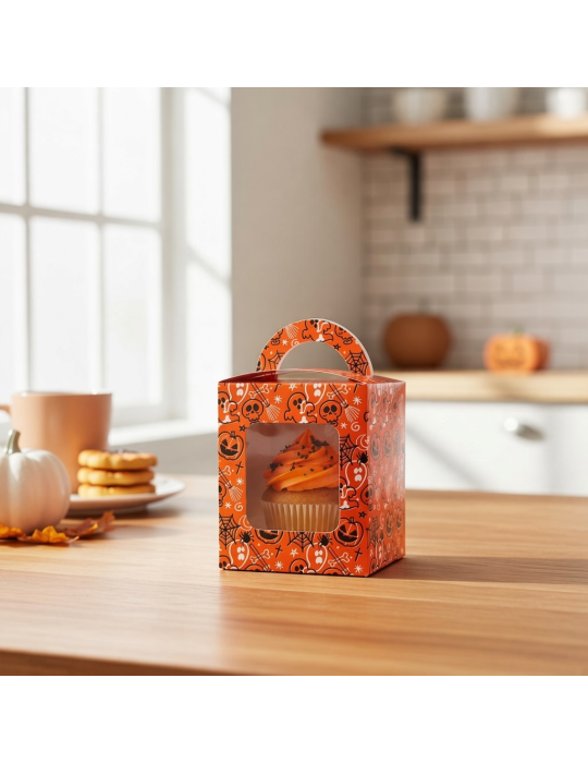 Caja Para Cupcakes Individuales Halloween Naranja